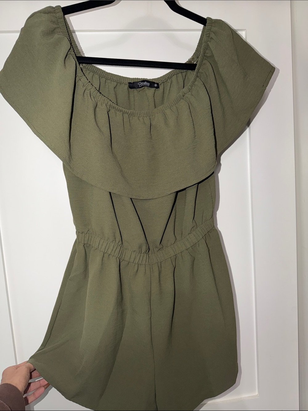 Olive green off shoulder shorts romper